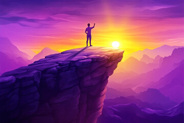 Obraz premium A silhouette of a person standing on a rocky precipice, gazing at a vibrant sunrise over mountain peaks, symbolizing achievement and inspiration.