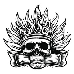 Obraz premium Skull with Flaming Crown and Banner Graphic Design Element