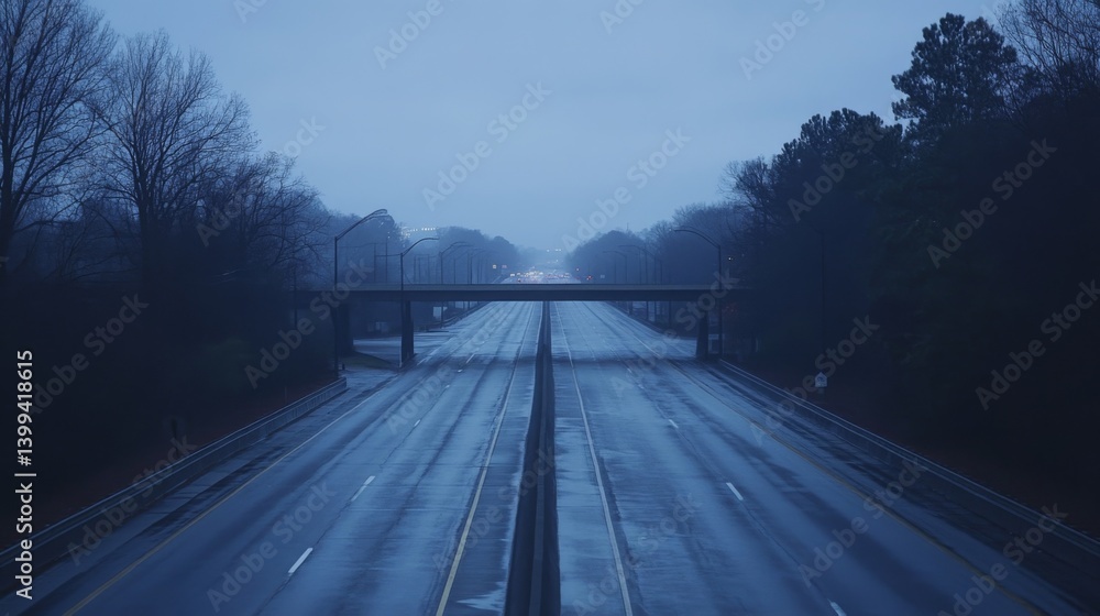 Poster A serene image of an empty expressway during early morning hours, with soft, diffused light and minimal traffic, capturing the calm before the day begins.