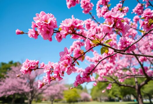 Vibrant pink blossoms against a clear blue sky in a tranquil park, tulip, spring
