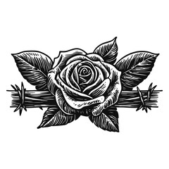 Vintage Hand-Drawn Rose with Barbed Wire and Leaves Design