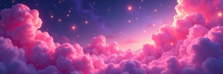 Fototapeta premium Vibrant pink clouds sprinkled with glowing stars on a magical background, mystical, sky