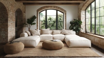 Cozy living room, brick walls, arched window, garden view