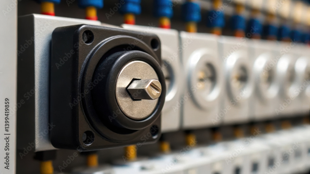 Aufkleber maintenance technician inspects control panel featuring various switches and connectors ensuring opt