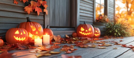 Obraz premium Spooky Autumnal Display: Glowing Jack-o'-Lanterns and Fall Foliage on Front Porch