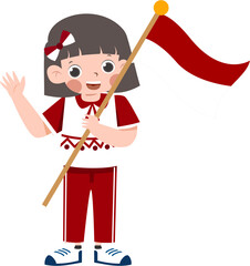 Cheerful Girl with Red Flag, Traditional Embroidered Shirt, Wave