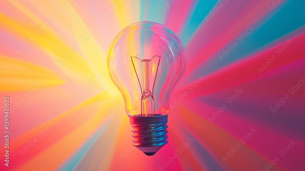 Leinwandbilder a vibrant image of a light bulb with colorful rays extending outward, symbolizing a burst of creativ