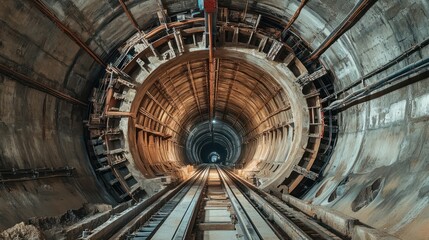 A deep underground tunnel section being connected to a bridge project, immense mechanical precision, hyper detailed concrete steel textures,