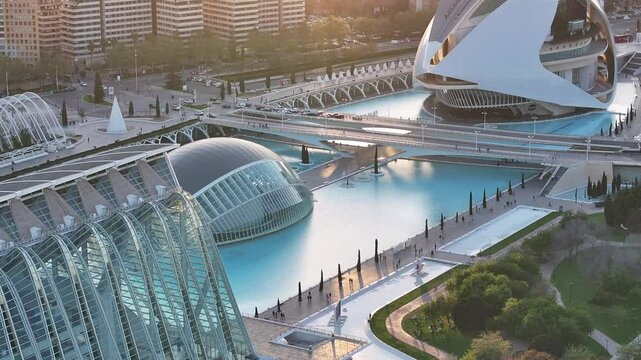 Sunset Over Sciences Museum At Valencia In Comunidad Valenciana Spain. Futuristic Cityscape. City Of Sciences Museum. Valencia At Comunidad Valenciana Spain. Tourism Landmark. Sunset Skyline.