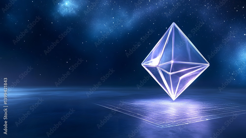 Poster a translucent geometric shape floating above a reflective surface against a starry background