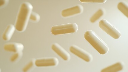 Floating beige capsules, isolated on a soft gradient background. Use for healthcare, medicine, supplements, or pharmaceutical designs.