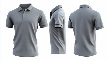 Gray polo shirt mockup, three views, white background, blank design for branding