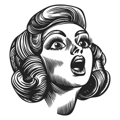 Vintage Woman with Open Mouth in Retro Style Black and White Art