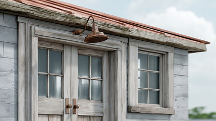 Naklejka premium Coastal Building facade: A weathered seaside building's inviting facade with vintage aesthetic. Weathered wooden architecture, sun-bleached wood siding.