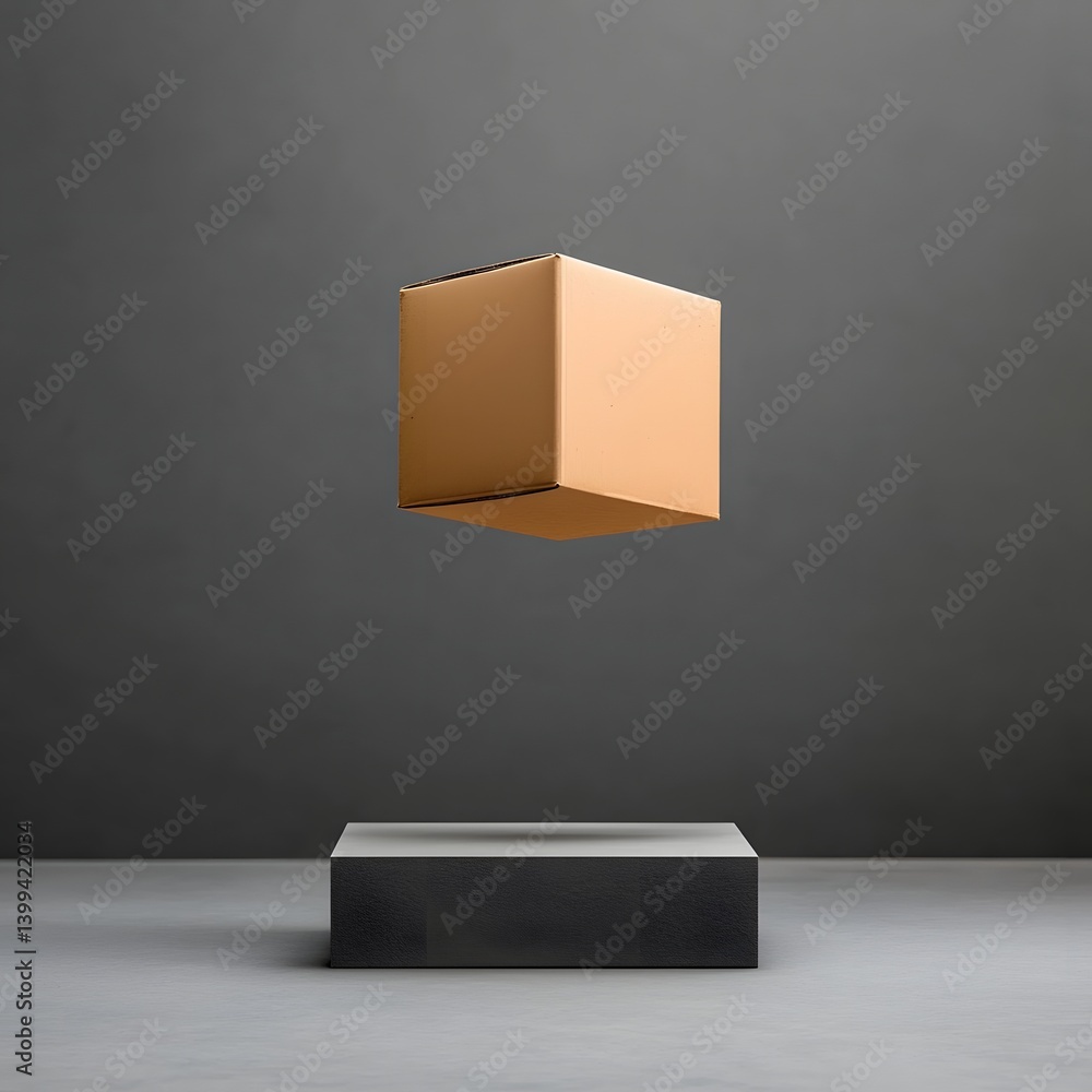 Poster minimalist cardboard box package floating on a transparent surface with soft natural shadows simple 