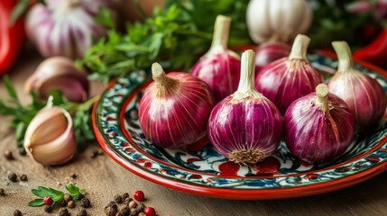 A vibrant image of whole  bulbs placed on a colorful ceramic dish, with a backdrop of fresh herbs and spices, highlighting their culinary versatility.