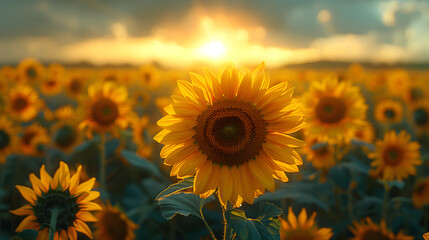 Obraz premium Sunflower, Field, Sunset, Landscape Landscape Wallpaper Background for Desktop, Mobile, Website, Prints