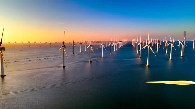 Rows of wind turbines line calm coastal horizon at sunrise; wind turbines harness renewable energy, wind turbines drive sustainable power. Concept renewable energy