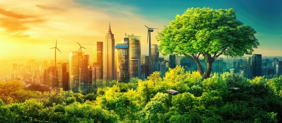 Fototapeta premium Sustainable city skyline with lush greenery
