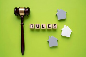 A conceptual still life photograph depicting legal and property themes, featuring a dark wooden judge's gavel positioned on the left side of a lime green background. 