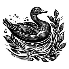 Fototapeta premium Elegant Duck Swimming Among Lush Leaves in Black and White Design