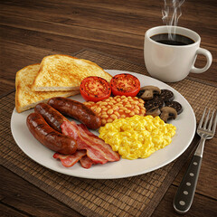 Rustic English Breakfast Full Plate of Comfort Food in High-Detail Photography