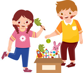 Joyful Children Sorting Toys into Cardboard Box