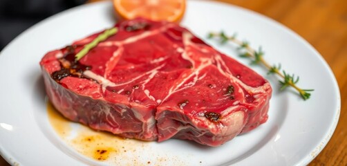 Vibrant red, marbled ribeye steak, ready for grilling, carnivore, delicious food