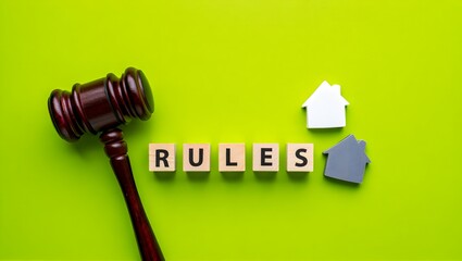 A conceptual still life photograph depicting legal and property themes, featuring a dark wooden judge's gavel positioned on the left side of a lime green background. 