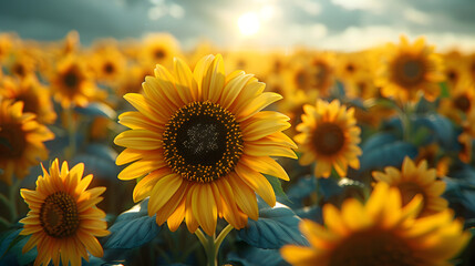 Obraz premium Sunflower, Field, Landscape, Yellow Landscape Wallpaper Background for Desktop, Mobile, Website, Prints