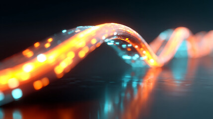 A glowing wavy cable with orange and blue lights on a dark reflective surface in soft focus