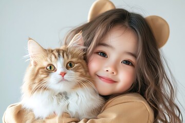 Child Hugs Cat, Studio Portrait