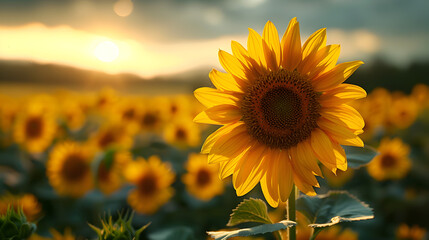 Sunflower, Field, Sunset, Summer Landscape Wallpaper Background for Desktop, Mobile, Website, Prints