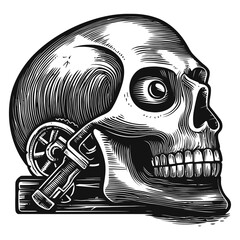 Detailed Skull Illustration with Mechanical Elements in Black and White