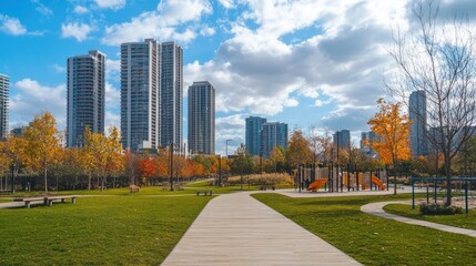 Urban park with autumn foliage, playground, and skyline view