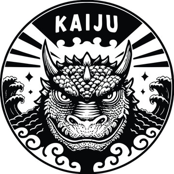 Black and White Linocut Kaiju Head &ndash; Fierce Japanese Monster Illustration for T-Shirt Design