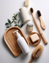 Naklejka premium eco friendly bathing equipment, soap, toothpaste, body lotion, and tools, white background
