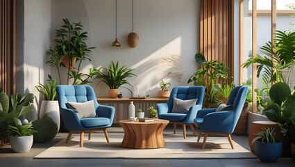 Cozy modern lounge, stylish blue chairs, indoor plants, natural light, minimalist decor, warm wooden accents