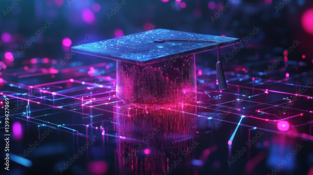 Poster digital graduation concept: futuristic mortarboard with data network and technology glow.