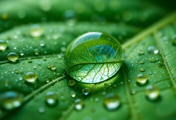 Macro of Rain Drops on a Leaf with Reflected Leaf Veins, a Green Dream