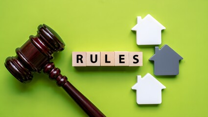 A conceptual still life photograph depicting legal and property themes, featuring a dark wooden judge's gavel positioned on the left side of a lime green background. 