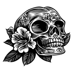 Intricate Skull Design with Floral Elements and Detailed Patterns