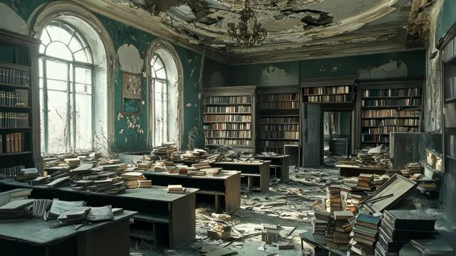 A decayed library filled with abandoned books and old furniture.