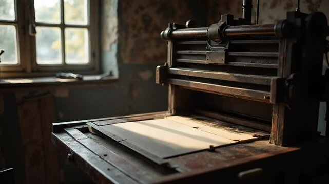 Vintage intaglio printing press in an artist's studio, with natural light and moody shadows