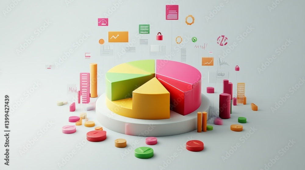 Poster exploded d pie chart with each segment hovering separately, surrounded by digital data icons