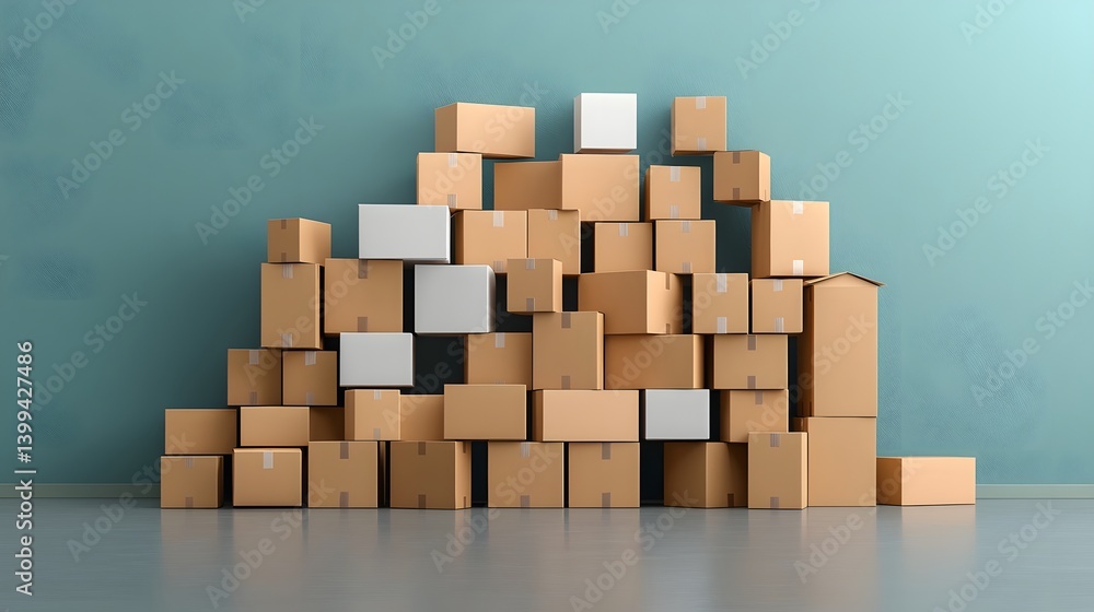 Poster intricate and precise geometric arrangements of stacked corrugated cardboard boxes in a clean minima