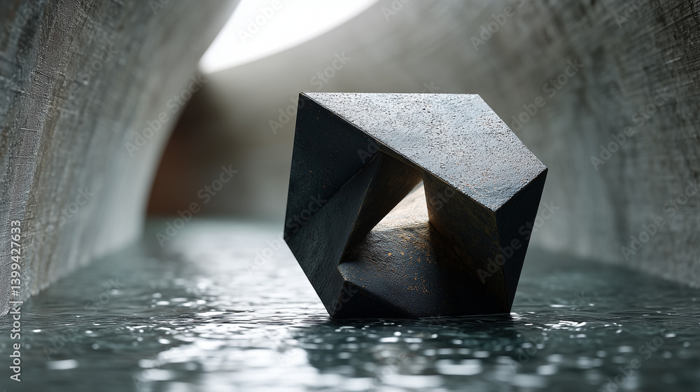 Poster geometric sculpture in architectural passage: an intriguing geometric sculpture commands attention w