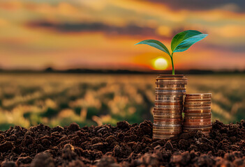Green sprout growing on coins with sunset and agriculture field backgrounds. Symbolizes sustainable financial growth, investment in the future, and cultivating resources. 