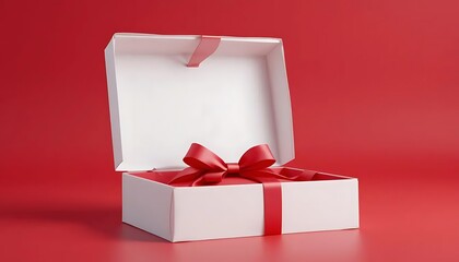 Gift box, open lid, white exterior, red interior, red ribbon bow, festive, elegant, minimalist, 3D render, vibrant red background