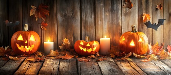 Obraz premium Glowing Halloween arrangement with carved pumpkins, candles and autumn foliage